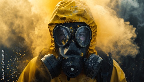 A hazmat team member wearing a protective mask and yellow suit stands amidst vibrant yellow smoke, symbolizing safety precautions in hazardous environments.