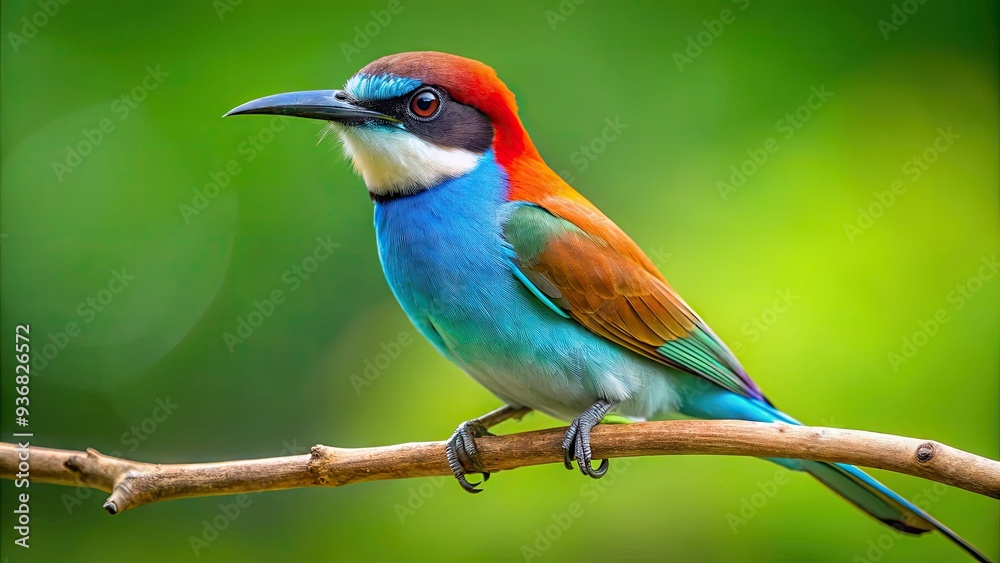 Vibrant male Blue-throated Bee-eater showcases black mask, sky-blue head, and orange rump, while female displays gray-brown plumage, scaled underparts, and faint white eye crescents. Vibrant male Blue-throated Bee-eater showcases black mask, sky-blue head, and orange rump, while female displays gray-brown plumage, scaled underparts, and faint white eye crescents.