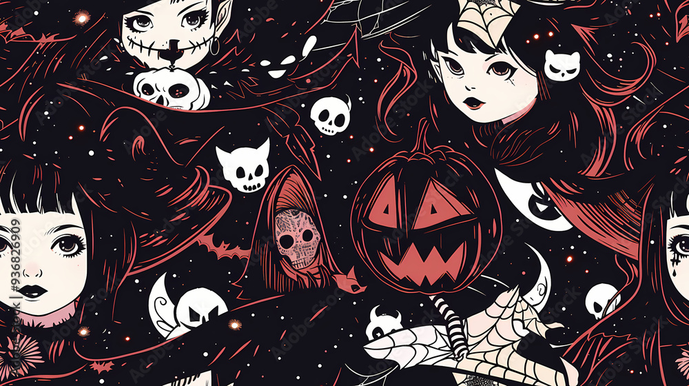 Fototapeta premium Seamless Halloween Witch Tile Pattern in Anime Manga Style
