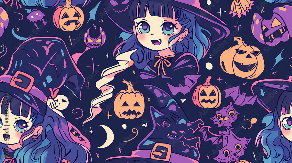 Naklejka premium Seamless Halloween Witch Tile Pattern in Anime Manga Style