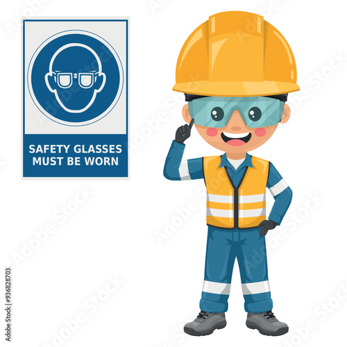 Industrial Safety Engineer with warning sign of mandatory use of safety glasses. Safety glasses must be worn. Safety first. Personal protective equipment. Industrial safety and occupational health