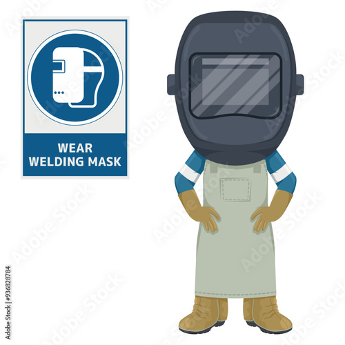 Welding engineer with mandatory sign wear a welding mask to avoid hot flying particles, intense light and UV radiation from welding activity. Industrial safety and occupational health at work