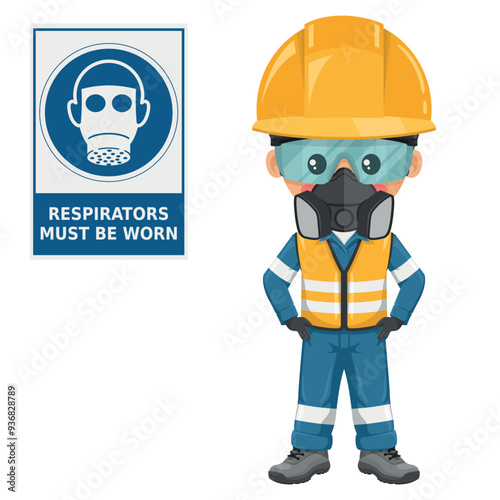 Industrial Safety Engineer with a warning sign for the mandatory use of respirators. Respirators must be worn. Safety first. Personal protective equipment. Industrial safety and occupational health