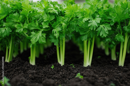 Rows of celery growing on a celery farm. photo