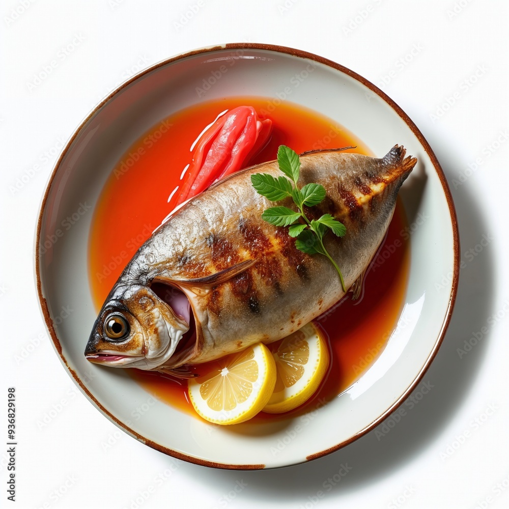 A beautifully plated grilled fish garnished with lemon and chili, perfect for culinary presentations and gourmet menus. A beautifully plated grilled fish garnished with lemon and chili, perfect for culinary presentations and gourmet menus.