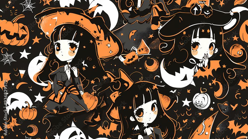 Seamless Halloween Witch Tile Pattern in Anime Manga Style