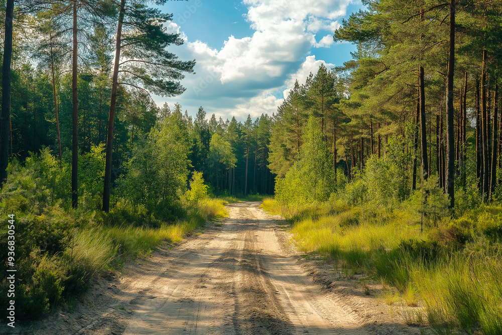 forest sand road in beautiful green forest in summer, generative AI forest sand road in beautiful green forest in summer, generative AI