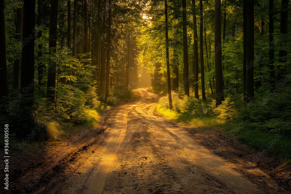 Fototapeta premium forest sand road in beautiful green forest in summer, generative AI