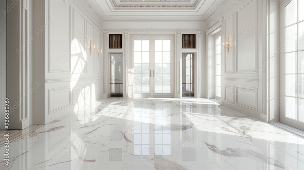 Fototapeta premium Luxurious White Marble Foyer with Sunlight