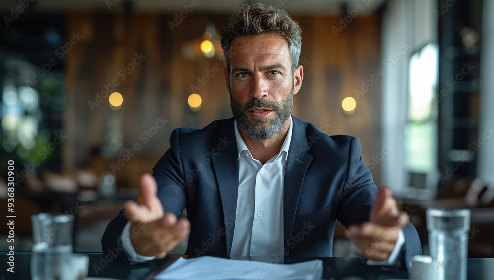 Professional male in a suit communicating assertively, set in an elegant office space, showcasing modern business dynamics and interpersonal communication. Professional male in a suit communicating assertively, set in an elegant office space, showcasing modern business dynamics and interpersonal communication.