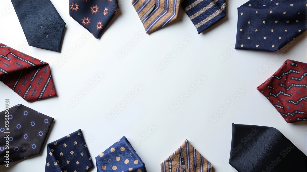 Fototapeta premium Stylish Men's Ties in a Circle Arrangement on White Background - Business Fashion Accessories Display