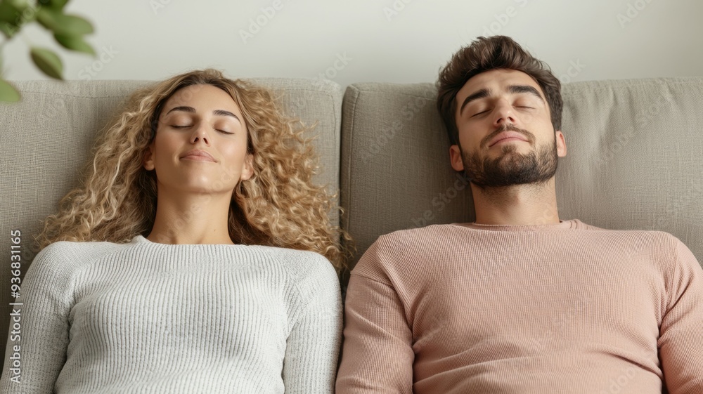 A man and a woman are sleeping on a couch A man and a woman are sleeping on a couch