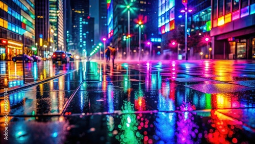 Vibrant neon lights dance across wet pavement, casting a kaleidoscope of colorful reflections that illuminate the dark and misty urban cityscape at night.