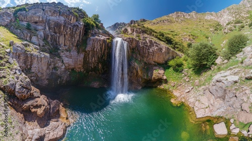 Panoramic image of Tortum (Uzundere) waterfall from down in Uzundere. Landscape view of Tortum Waterfall in Tortum,Erzurum,Turkey. Explore the world's beauty and wildlife , ai