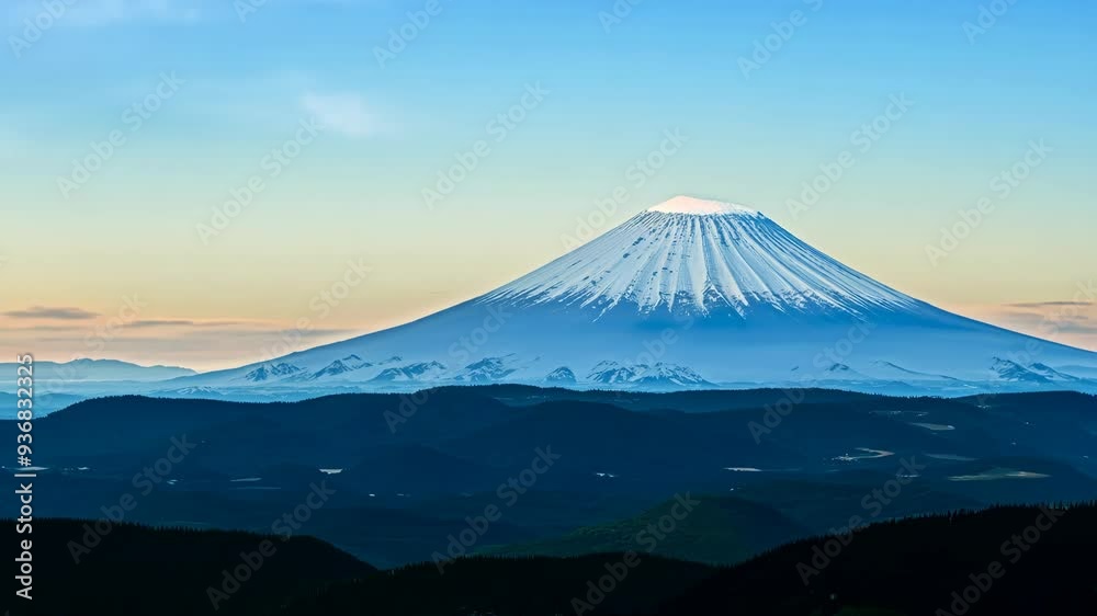 Stunning sunrise view of Mount Fuji with snow-capped peak and tranquil landscape in Japan Stunning sunrise view of Mount Fuji with snow-capped peak and tranquil landscape in Japan
