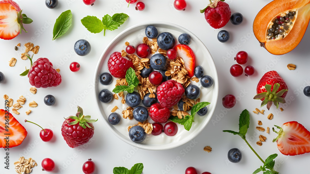 Healthy breakfast on a white background with yogurt, granola, berries, strawberries, cherries and pomegranate for products, presentations, educational purposes, health etc. Healthy breakfast on a white background with yogurt, granola, berries, strawberries, cherries and pomegranate for products, presentations, educational purposes, health etc.