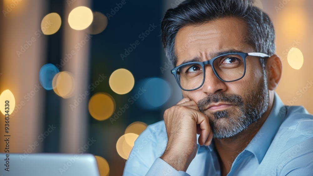A man wearing glasses is looking down at his laptop A man wearing glasses is looking down at his laptop