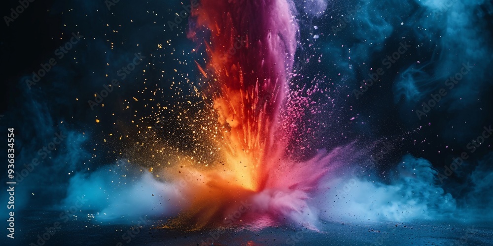 Fototapeta premium An artistic representation of colorful powder erupting in a dynamic explosion, creating a stunning visual contrast against a dark backdrop.