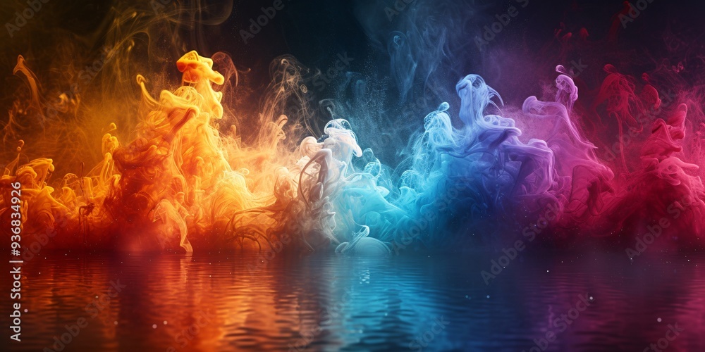 Abstract smoke waves in vivid colors create a mesmerizing reflection on calm water, showcasing a blend of artistry and fluid motion. Abstract smoke waves in vivid colors create a mesmerizing reflection on calm water, showcasing a blend of artistry and fluid motion.