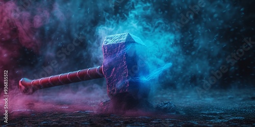 A mystical hammer surrounded by colorful smoke, creating a fantastical atmosphere. Ideal for fantasy and gaming themes, evoking adventure and power. photo