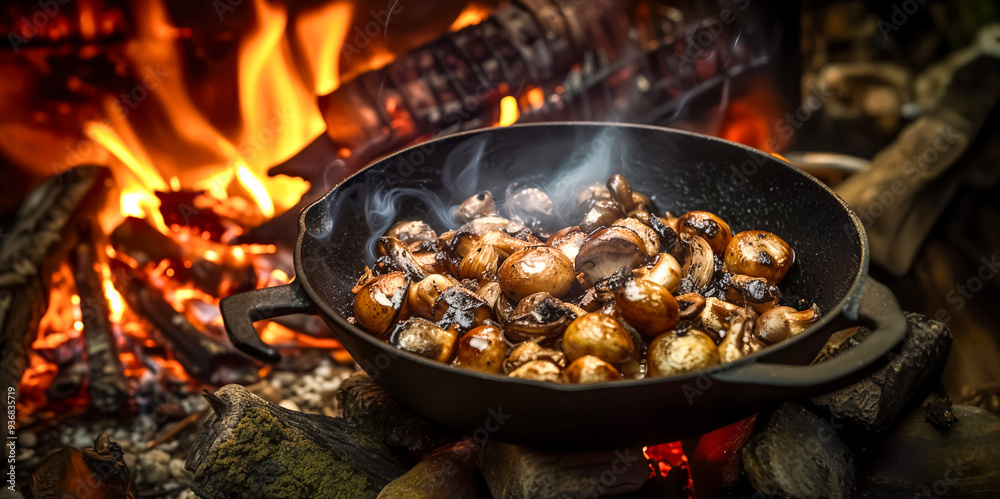 Mushrooms Sizzling in a Cast Iron Pan Over an Open Fire: Rustic Outdoor Cooking, Camping, and Wilderness Cuisine Concept. Rustic Cooking & Open Fire Feast
Mushrooms Sizzling in a Cast Iron Pan Over an Open Fire: Rustic Outdoor Cooking, Camping, and Wilderness Cuisine Concept. Rustic Cooking & Open Fire Feast