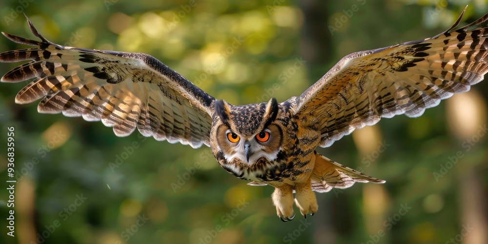 Fototapeta premium Eurasian Eagle Owl in Flight Displaying Typical Owl Behavior in Its Natural Environment