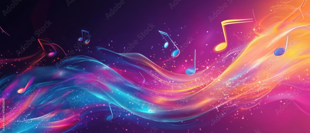 Fototapeta premium Colorful abstract music background with dynamic waves and notes