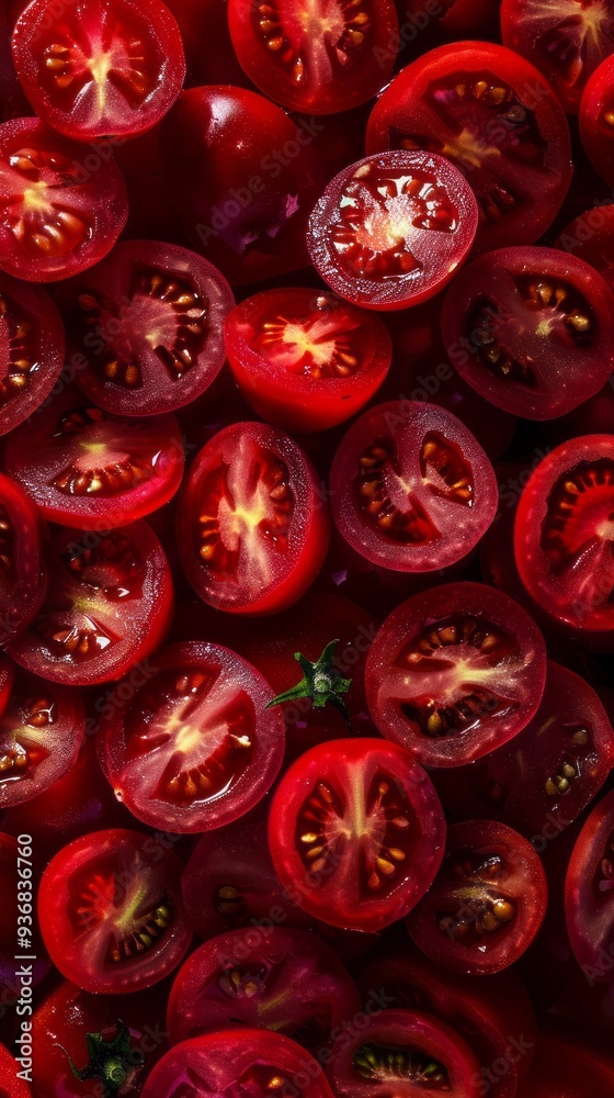 Sliced cherry tomatoes are beautifully arranged to showcase their bright red color and juicy texture. The close-up view reveals their inner structure, emphasizing freshness Sliced cherry tomatoes are beautifully arranged to showcase their bright red color and juicy texture. The close-up view reveals their inner structure, emphasizing freshness