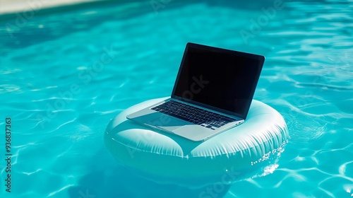 laptop with a white inflatable ring on the swimming pool.