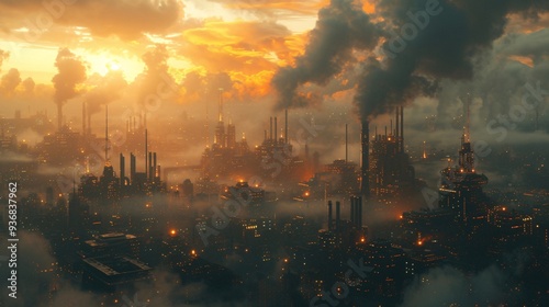 A mesmerizing view of a sprawling industrial complex at sunset, shrouded in mist, showcasing towering smokestacks and a dramatic skyline. photo