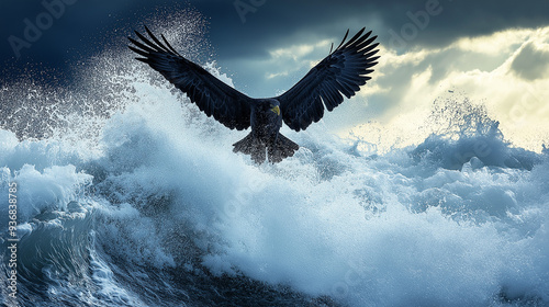 Eagle Ascending: A majestic bald eagle takes flight amidst crashing waves, its powerful wings defying the storm in a breathtaking display of resilience and freedom. 