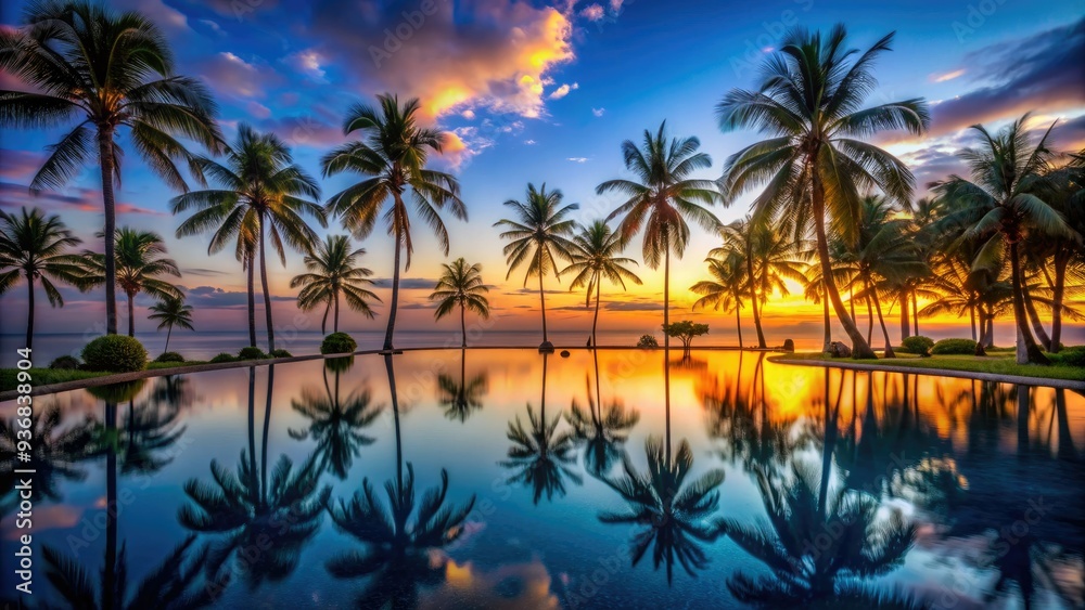 Vibrant orange hues of twilight cast a serene ambiance over a tranquil pool scene, surrounded by majestic palm tree silhouettes, evoking relaxation and tropical bliss. Vibrant orange hues of twilight cast a serene ambiance over a tranquil pool scene, surrounded by majestic palm tree silhouettes, evoking relaxation and tropical bliss.