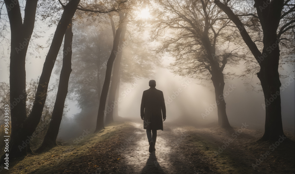 Fototapeta premium A man walks down a path in a foggy forest