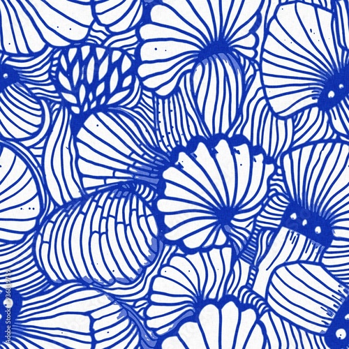 Azure blue white shell motif with linen seamless batik background, Modern coastal beach cottage rustic shell block print home decor pattern design in sealife beach style.