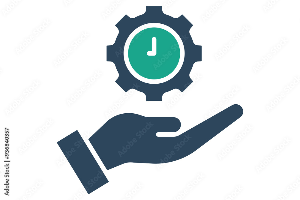 Time management icon. solid icon style. hand with gear and clock. icon related to efficiency. productivity elements vector illustration Time management icon. solid icon style. hand with gear and clock. icon related to efficiency. productivity elements vector illustration