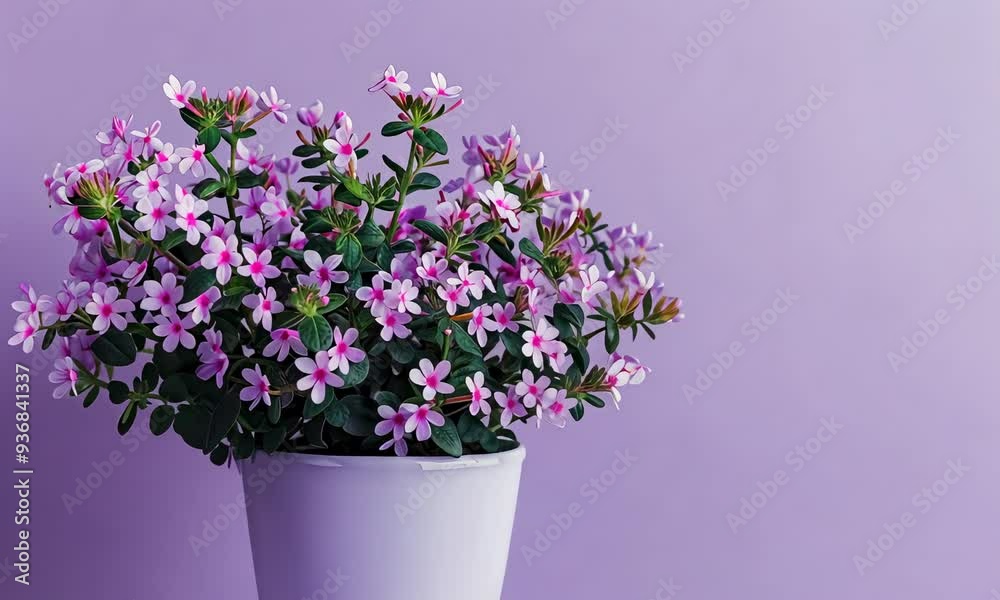 Blooming pink flowers in a white pot against a purple backdrop Blooming pink flowers in a white pot against a purple backdrop