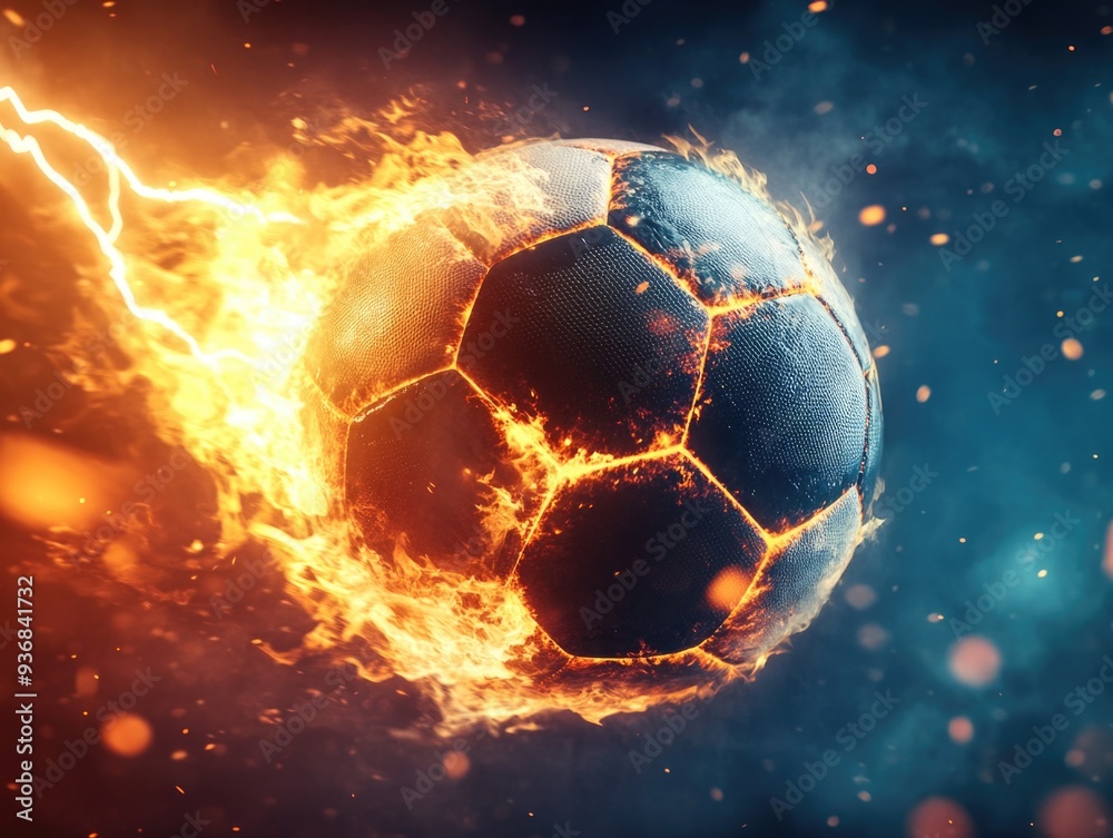 Fototapeta premium Futuristic Soccer Ball with Flames on an Explosive Background