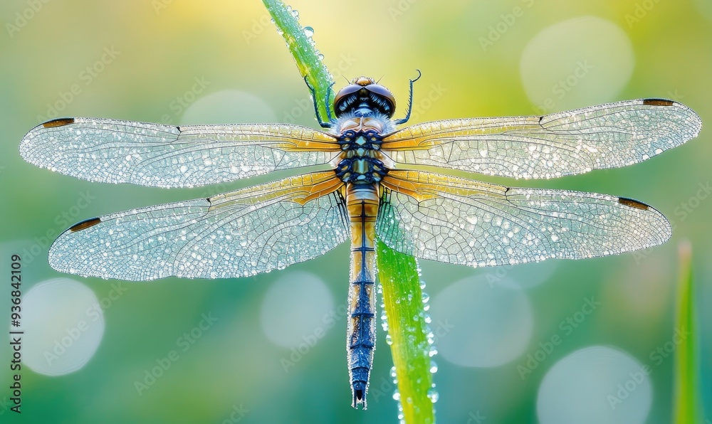 A dragonfly perched on a dewy blade of grass with its wings spread wide. A dragonfly perched on a dewy blade of grass with its wings spread wide.