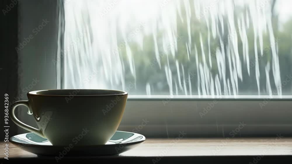 Enjoying comforting tea while rain pours outside on a cozy afternoon Enjoying comforting tea while rain pours outside on a cozy afternoon