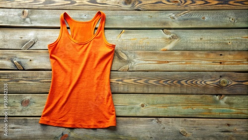 Vibrant orange tank top with a subtle texture, folded and placed on a weathered wooden beach boardwalk, evoking a sense of warm summer afternoons. photo