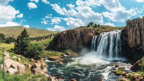Panoramic image of Tortum (Uzundere) waterfall from down in Uzundere. Landscape view of Tortum Waterfall in Tortum,Erzurum,Turkey. Explore the world's beauty and wildlife , ai