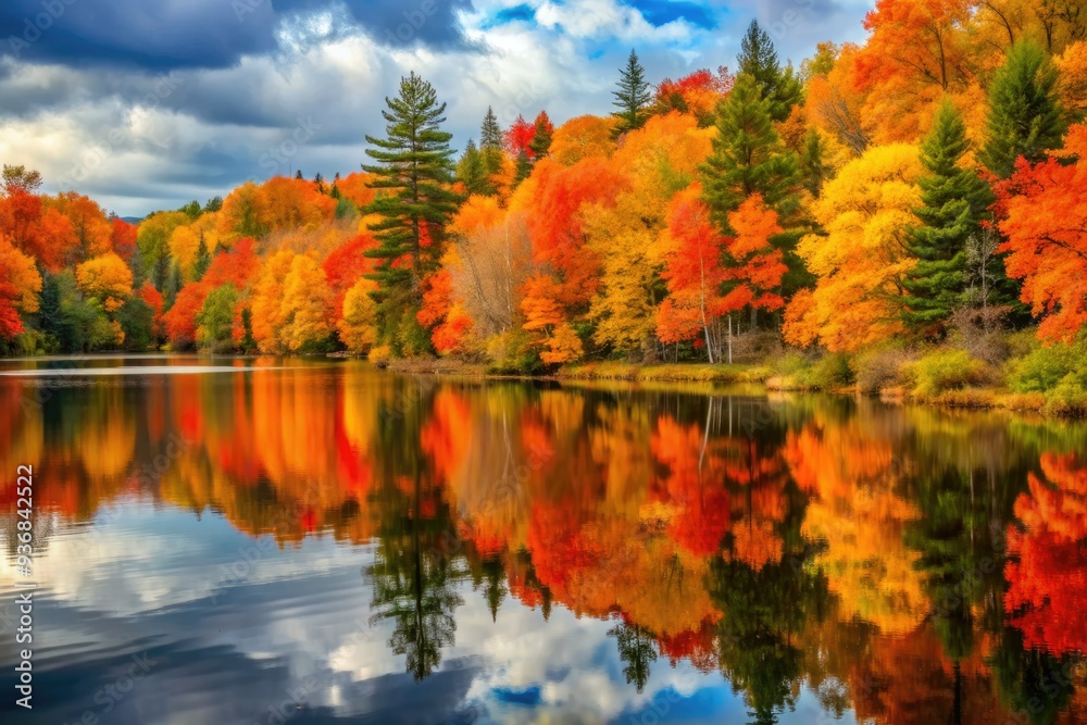 Vibrant orange, yellow, and red maple leaves adorn the tranquil forest landscape, reflecting off the calm lake water, showcasing Northern Minnesota's breathtaking autumn splendor. Vibrant orange, yellow, and red maple leaves adorn the tranquil forest landscape, reflecting off the calm lake water, showcasing Northern Minnesota's breathtaking autumn splendor.