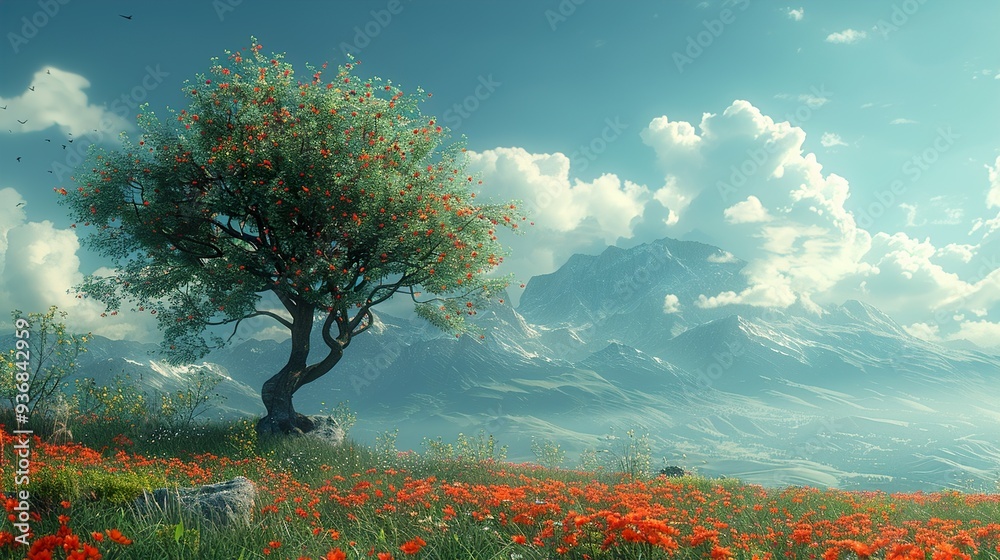 Majestic Mountain Landscape with a Lone Tree and a Field of Flowers Majestic Mountain Landscape with a Lone Tree and a Field of Flowers