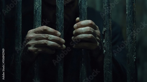 Close-Up of Hands Behind Bars: Desperate Man in Prison, Capturing Isolation, Confinement, and Incarceration photo