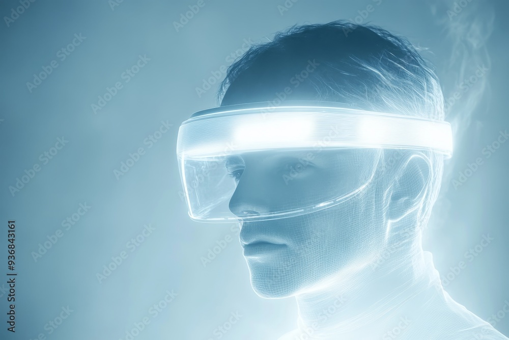 A man experiences a digital dreamscape through his glowing VR headset surrounded by a soft blue light that creates an ethereal otherworldly atmosphere A man experiences a digital dreamscape through his glowing VR headset surrounded by a soft blue light that creates an ethereal otherworldly atmosphere