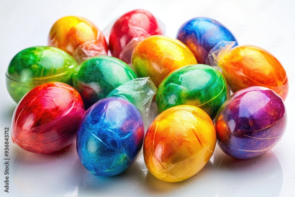 Vibrant painted boiled eggs wrapped in colored thermal film, arranged on a clean white background, symbolizing Easter festivities and celebratory food traditions. Vibrant painted boiled eggs wrapped in colored thermal film, arranged on a clean white background, symbolizing Easter festivities and celebratory food traditions.
