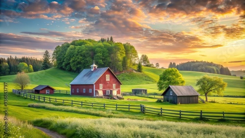 Softly rolling hills of emerald green stretch towards serene skies, where wispy clouds drift lazily by, soothing the soul. photo