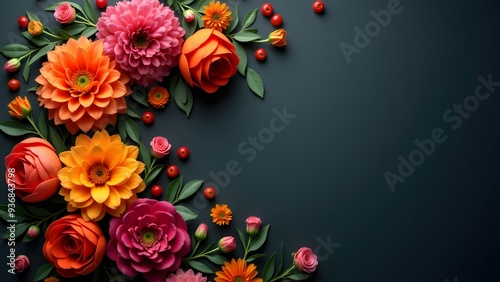A corner floral arrangement with vibrant orange, pink, and red flowers against a dark background, accented by green leaves and berries