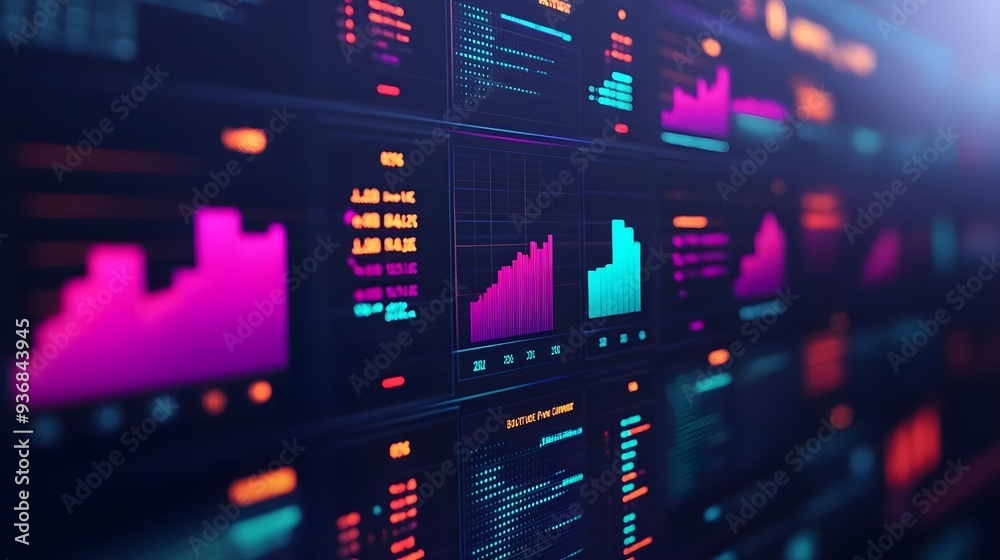 Neon Data Analysis Graphs - Technology Stock Photo Neon Data Analysis Graphs - Technology Stock Photo
