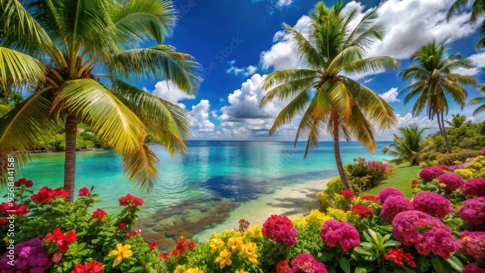 Fototapeta premium Vibrant palm trees, colorful flowers, and tranquil turquoise waters create a serene and inviting tropical paradise, perfect for relaxation and escaping the ordinary.